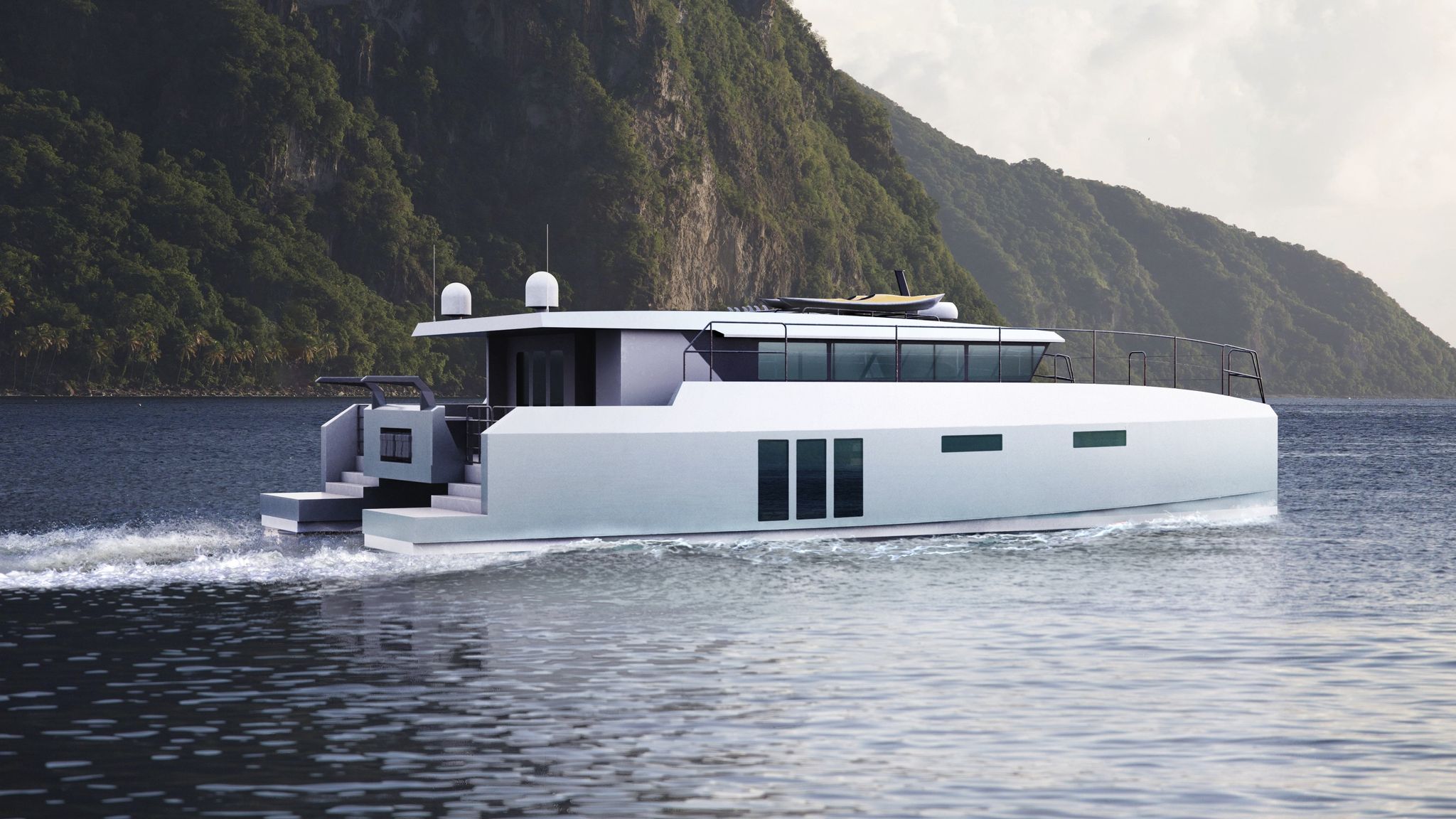 Archipelago catamaran cruising off a beautiful island